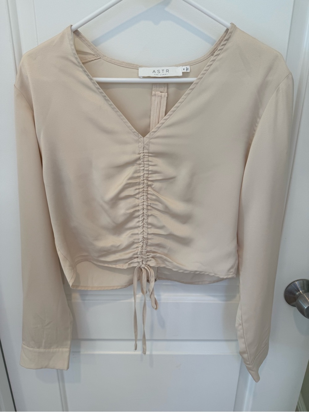 Astr Neutral Drawstring V-Neck Long Sleeve Blouse